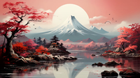 Papel Tapiz Japonés de la Montaña Fuji con Arce Rojo, Removible, Autoadhesivo, Impermeable, Mural Tradicional de Pared, Paisaje Natural al Atardecer