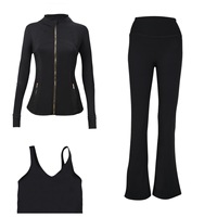 Ensemble de yoga 3 pièces personnalisé avec logo pour femme : pantalon évasé violet, haut et veste effet seconde peau – Tenue de fitness et d'entraînement