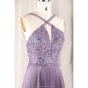 QUEENS GOWN 现代风格装饰性前镂空紫色百褶挂脖长裙 A 字形柔软薄纱内置文胸青少年舞会礼服 - Product Image 5