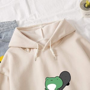 Sweat-shirt décontracté pour femme, à capuche, à manches longues, en coton, motif grenouille skater mignon, abricot, XXL - Product Image 5