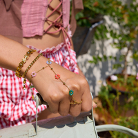 Bracelet de main et de doigt en acier inoxydable plaqué or 18 carats PVD, avec fleur en cristal colorée, style bohème délicat pour femme