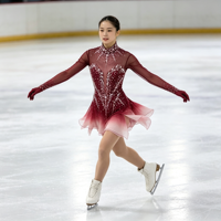 Robe de patinage artistique à col haut et manches longues, dégradé rouge vin avec strass, en tissu mesh pour compétition et spectacle sur glace (adultes et enfants)
