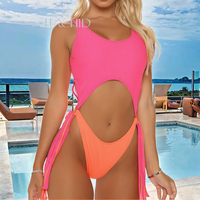 Baju Renang Wanita OEM Satu Potong Model Bodycon, Custom, Ketat, Leher Bulat, Pakaian Pantai Minimalis, Rumbai, Polos