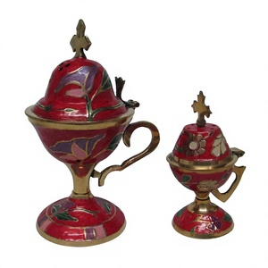 Incensario de Latón Esmaltado Rojo Hecho a Mano con Cruz en la Parte Superior, Incensario Religioso, Difusor para Altar Cristiano, Regalos Ortodoxos para Iglesia - Product Image 1