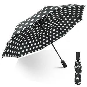 Wholesale Black Umbrella With White Polka Dot Print 3 Folding Sun And Rain Umbrella
