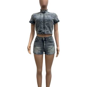 Ensemble court décontracté deux pièces en <span class=keywords><strong>jean</strong></span> délavé et déchiré très élastique pour <span class=keywords><strong>femme</strong></span>, style streetwear tendance, collection été NY8213 - Product Image 3