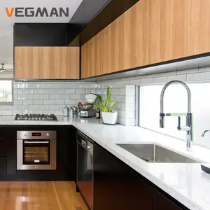 Usine directement en forme de L Designs de cuisine modernes Unités en bois Armoires de base d'évier de placard de cuisine noir