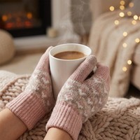Gants tricotés en acrylique/coton, chauds, compatibles écran tactile, motif jacquard géométrique, rose et gris, blocs de couleur, élégants, pour sports d'hiver