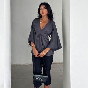 American Casual <b>V</b> <b>Neck</b> Ruched Bust Flare Sleeve T Shirt <b>Women</b> Loose Fit Flowy A Line Streetwear Daily Wear <b>Top</b> - Product Image 5