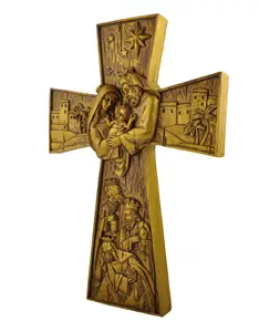New Arrivals Resin Crafts Crucifix Figurine Holy Nativity Family Wall Cross-Gold For Home Decor