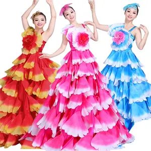 6 màu Flamenco váy khiêu vũ GYPSY váy người phụ nữ Tây Ban Nha bụng trang phục cánh hoa lớn điệp khúc Tây Ban Nha giai đoạn hiệu suất mặc quần áo khiêu vũ