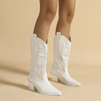 Bottes mi-hautes pour femmes grandes tailles, chaussures à talons bas, bottes hautes, chaussures blanches