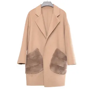 Jtfur Fashion Warm Lady Autumn Winter Double Face Wool Long Coat With Rabbit Fur Pockets For Women