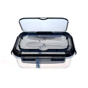 Glass <b>Lunch</b> <b>Box</b> 2 <b>Compartments</b> With Cutlery <b>Lunch</b> <b>Box</b> <b>Lunch</b> <b>Box</b> Containers Suitable Microwave and Dishwasher 980ML Transparent - Product Image 1