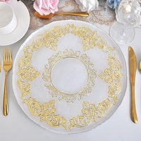 Assiettes de présentation dorées 13'' en verre givré à bord festonné floral baroque pour mariages, banquets et événements, vente en gros