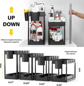 Under Sink Organizer Pull Out 2 Tier Bathroom Cabinet Organizer With Hooks Hanging Cup Multi-Purpose Storage Shelf For Kitchen