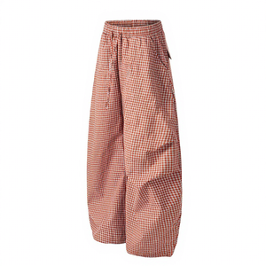 Pantalon large à carreaux bleus avec patchs, taille élastique, coupe décontractée, longueur cheville, style été pour femme - Product Image 4