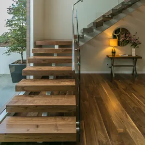 2019 高品质现代 80毫米木纹预制楼梯钢楼梯设计家居浮动楼梯