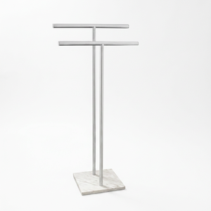 Premium Hand Towel Stand Freestanding T Shaped Bathroom Towel Holder White Marble Base Silver Metal Hanger Rack - Product Image 1