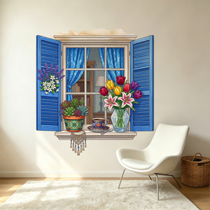 Pegatina de Pared 3D con Diseño de Ventana Azul - Calcomanía Colorida de Tulipanes, Suculentas y Taza de Café con Atrapasueños para Sala de Estar y Dormitorio H - Product Image 2