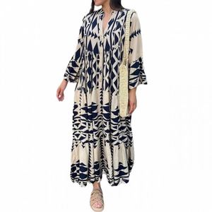 Vestido Maxi Maxfree con Cuello en V, Manga Farol, Estampado Geométrico, Corte Holgado, Verano, Casual, Tejido, Dobladillo Asimétrico - Product Image 3