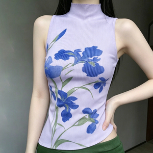 Sleeveless Crop Vest High Neck Slim Fit Botanical Print Chinese Vintage Hot Girl U Hem <b>Top</b> - Product Image 3