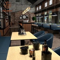 Ensemble de mobilier de restaurant commercial, tables carrées en bois avec chaises en cuir gris et banquettes pour café moderne