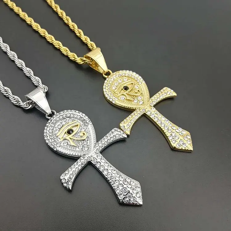 2021 Never Fade Religious Jewelry Hip Hop Gold Plated Stainless Steel Cross Necklace Titanium Steel Ankh Cross Pendant Necklaces