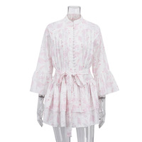 Robe courte florale française personnalisée pour femmes, col mandarin, manches évasées, robe en A-line avec lacets