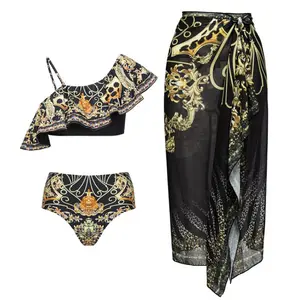 Vintage Black with Golden Print Bikini Sets Swimsuit & Skirt Female Sexy Slim One Piece Deep-V Swimwear 2023 Beach Bathing Suits