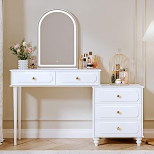 <span class=keywords><strong>Bureau</strong></span> de toilette <span class=keywords><strong>blanc</strong></span> avec miroir LED arqué, armoire latérale réglable, prise de courant intégrée, 5 tiroirs de rangement - Product Image 3