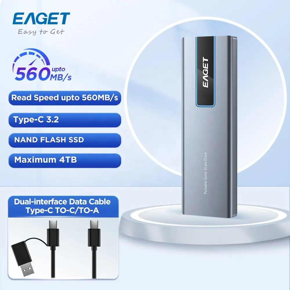 EAGET 1TB 550 MB/S para computador portátil USB Tipo-C TO A/TO C Disco duro de disco rígido portátil SSD Unidade de estado sólido