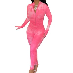 Combinaison zippée côtelée tie-dye pour femme, taille haute, extensible, style décontracté streetwear - Product Image 5