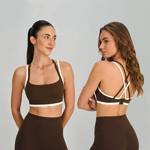 Soutien-gorge de sport marron à bretelles avec bordure blanche, dos croisé, anti-transpiration, compression, maintien, fitness, hautement extensible - Product Image 1