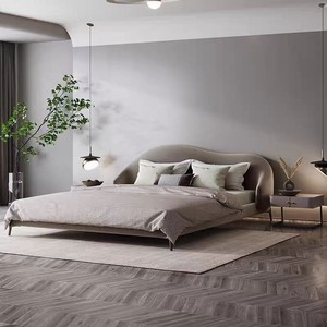 Lit plateforme moderne rembourré avec tête <span class=keywords><strong>de</strong></span> lit et dossier, cadre <span class=keywords><strong>de</strong></span> lit en bois, tissu velours gris, pieds en acier - Product Image 2