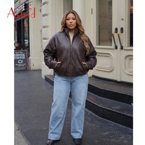 Blouson Bomber Femme Grande Taille Marron <span class=keywords><strong>en</strong></span> Similicuir Imperméable Décontracté à Col Montant avec Fermeture Éclair et Boutons, Teint Uni, pour l'Automne - Product Image 1