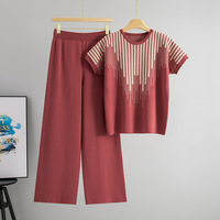 Ensemble pull tricoté pour femme, été, respirant, polyester et coton, tenue décontractée deux pièces, pantalon large, haut à manches courtes