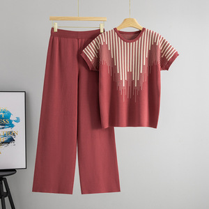 Women's Knitted <b>Sweater</b> <b>Set</b> Summer Breathable Polyester Cotton Two Piece Casual Outfit Wide Leg Pants Short Sleeve Top - Product Image 3