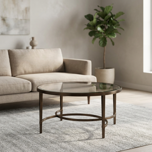 AK Brass Modern <b>Round</b> Iron Metal Coffee <b>Table</b> <b>Gold</b> Antique Finish with Unique Glass Top for Living Room Interior Furniture - Product Image 1