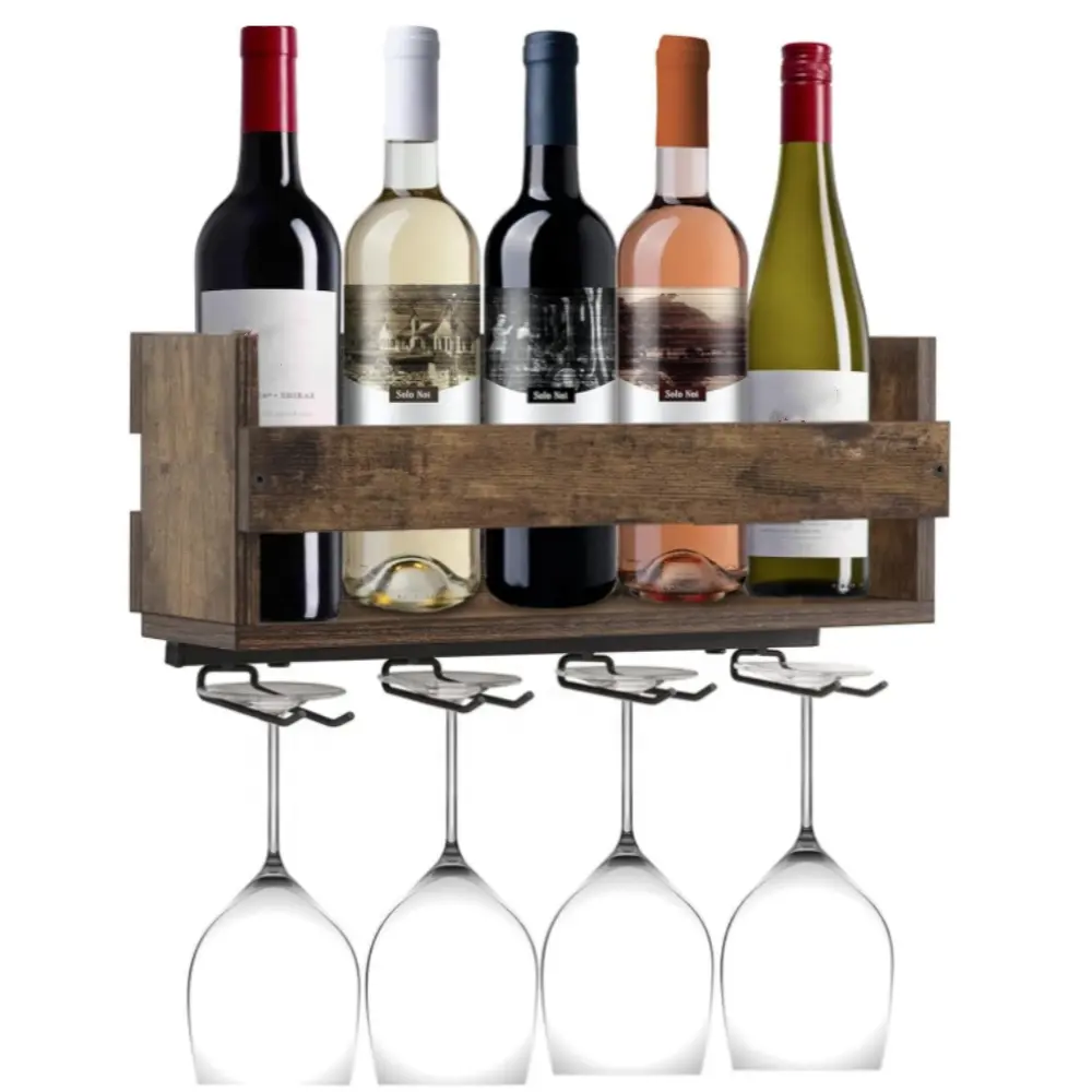 Rack de vinho montado na parede com suporte para copos de vinho - suporte flutuante para vinho rústico de madeira