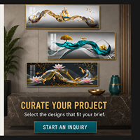 Art mural abstrait paysager or et turquoise, impression de bateau à voile, cerf et arbre pour salle à manger, bureau, hôtel, intérieurs modernes