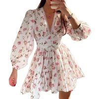 Nouvelle Robe Courte Printemps 2026 pour Femmes Européennes et Américaines, Motif Floral Doux, Col en V, Dentelle, Coupe Trapèze, Taille Haute