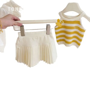 Girls Striped Knitted Vest And Pleated Skirt Set Yellow Cotton Summer Outfit For Children - Product Image 5