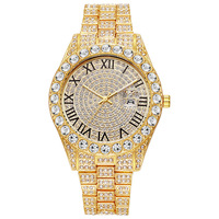 Ensemble de bijoux 5 pièces tendance : Montre romaine entièrement sertie de diamants, Collier croix, Bracelet chaîne cubaine, Bague - Vente en gros