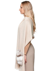 Chal de Cachemira Beige con Bolsillos de Piel de Chinchilla y Flecos, Abrigo de Cachemira Tejido, Chal de Piel, Envoltura Larga de Cachemira para Boda, para Mujer - Product Image 6
