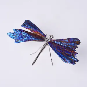 Wholesale Electroplate Natural Crystal Animal Statue Blue Tourmaline Dragonfly Feather Cluster For Decor