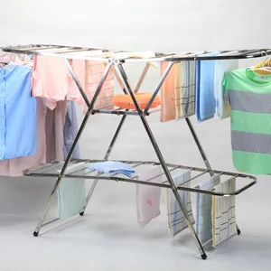 2023 trending outdoor stainless steel drying clothes rack double layer folding clothing drying rack cloth stand