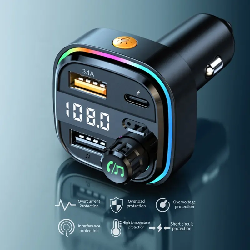 Coche Bluetooth 5,3 Transmisor FM Tipo-C Dual USB 3.1A Cargador rápido LED Retroiluminado Atmósfera Luz Reproductor de MP3 Música sin pérdidas