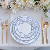 Ensemble d'assiettes à dîner en céramique imprimées nœud papillon bleu européen, assiettes florales bleues vintage, décoration de table, assiette de présentation pour mariage