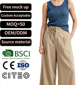 <span class=keywords><strong>Pantalon</strong></span> large à taille haute en lin mélangé beige pour <span class=keywords><strong>femme</strong></span> avec cordon de serrage, <span class=keywords><strong>pantalon</strong></span> palazzo décontracté <span class=keywords><strong>ample</strong></span> avec poches - Product Image 1